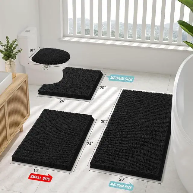 Alt view image 2 of 7 - Smiry Bathroom Rugs 30X20, Luxury Chenille Extra Soft Absorbent Bath Mat | Black, Machine Washable Non-Slip Plush Bath Mats for Bathroom, Tub, Shower, and Floor, Home Decor