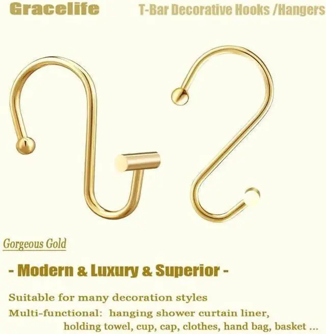 Alt view image 4 of 6 - Gracelife Gold Rust Resistant Metal Shower Curtain Rings, Set of 12, T-Bar Hooks for Shower Rod