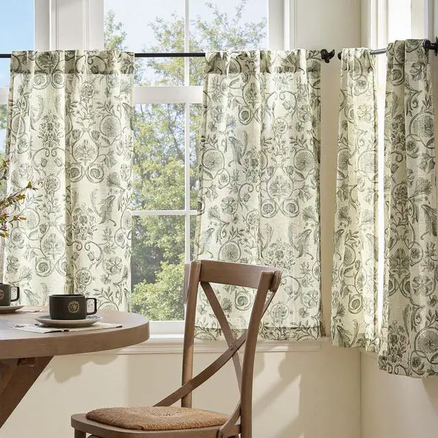 Alt view image 2 of 7 - jinchan Linen Floral Kitchen Tier Curtains 36 Inch 2 Panels Green on Beige | Linen blend fabric, back tab, rod pocket, light filtering, farmhouse, cafe curtains for kitchen, bathroom, small window
