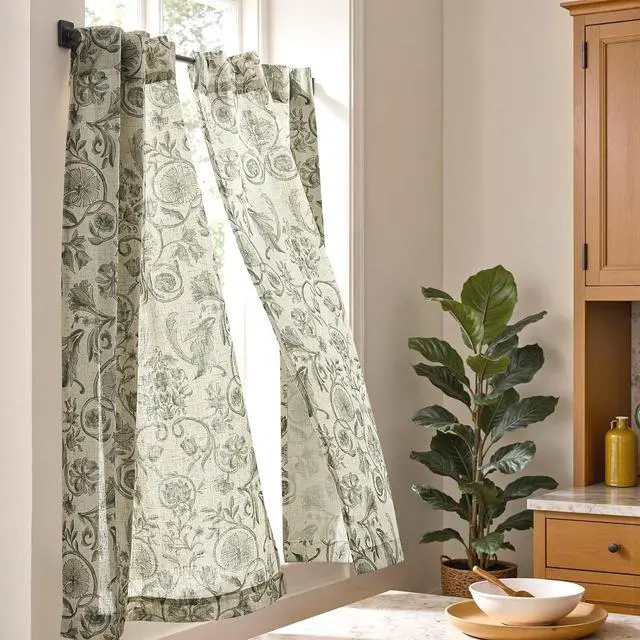 Alt view image 3 of 7 - jinchan Linen Floral Kitchen Tier Curtains 36 Inch 2 Panels Green on Beige | Linen blend fabric, back tab, rod pocket, light filtering, farmhouse, cafe curtains for kitchen, bathroom, small window