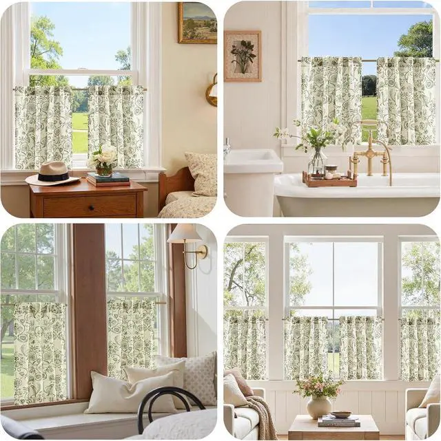 Alt view image 4 of 7 - jinchan Linen Floral Kitchen Tier Curtains 36 Inch 2 Panels Green on Beige | Linen blend fabric, back tab, rod pocket, light filtering, farmhouse, cafe curtains for kitchen, bathroom, small window