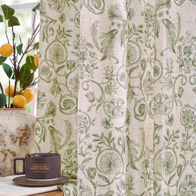 Alt view image 5 of 7 - jinchan Linen Floral Kitchen Tier Curtains 36 Inch 2 Panels Green on Beige | Linen blend fabric, back tab, rod pocket, light filtering, farmhouse, cafe curtains for kitchen, bathroom, small window