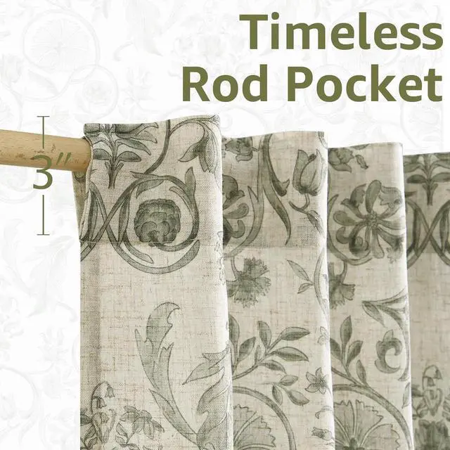Alt view image 7 of 7 - jinchan Linen Floral Kitchen Tier Curtains 36 Inch 2 Panels Green on Beige | Linen blend fabric, back tab, rod pocket, light filtering, farmhouse, cafe curtains for kitchen, bathroom, small window