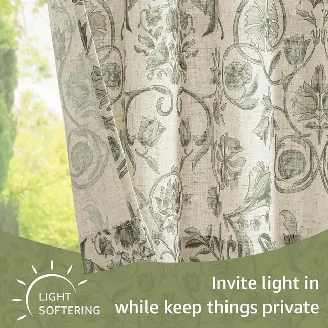Alt view image 6 of 7 - jinchan Linen Floral Kitchen Tier Curtains 36 Inch 2 Panels Green on Beige | Linen blend fabric, back tab, rod pocket, light filtering, farmhouse, cafe curtains for kitchen, bathroom, small window