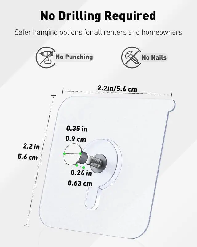 Alt view image 4 of 7 - Uniclife 20 Pcs Adhesive Picture Hooks, No Drill Screw Stickers | 20 lbs load max, 2.2" size, heavy duty picture hangers without nails, hooks for hanging frame hanger, for bathroom kitchen