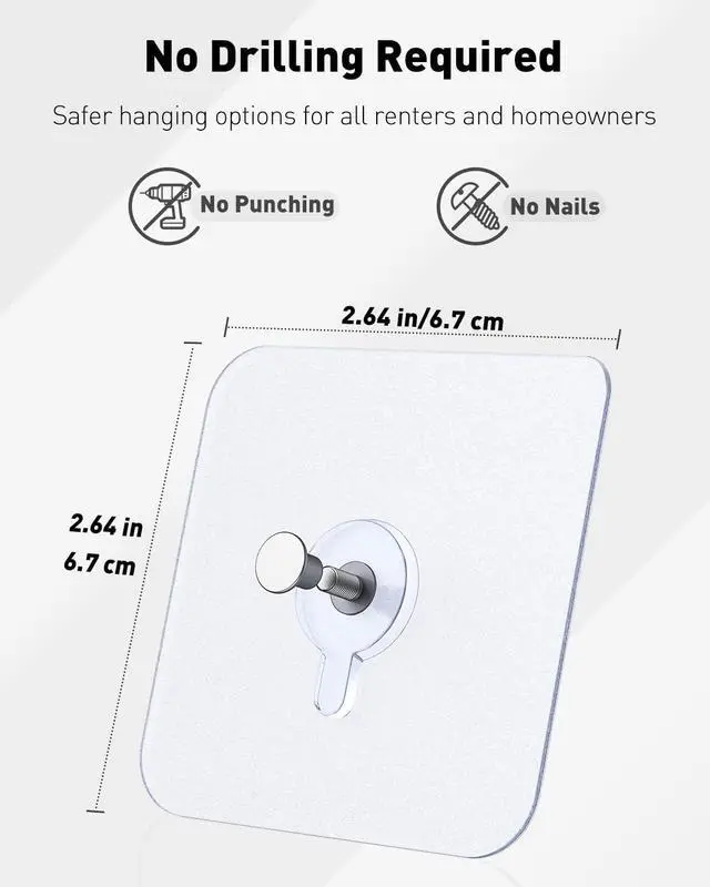 Alt view image 3 of 7 - Uniclife 10 Pcs Self Adhesive Picture Hooks 40 lbs Load No Drill Screw Stickers 2.64" Heavy Duty Picture Hangers Without Nails Wall Hooks for Hanging Waterproof Frame Hangers Sticky Hooks for Bathroom