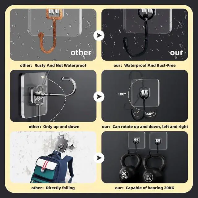 Alt view image 2 of 7 - DTmasao 10 Packs Large Hooks for Heavy-Duty Hanging 44Ib(Max) Wall Hangers - No Nails, Self-Adhesive Traceless, Waterproof Rustproof, Bathroom Kitchen Home Use