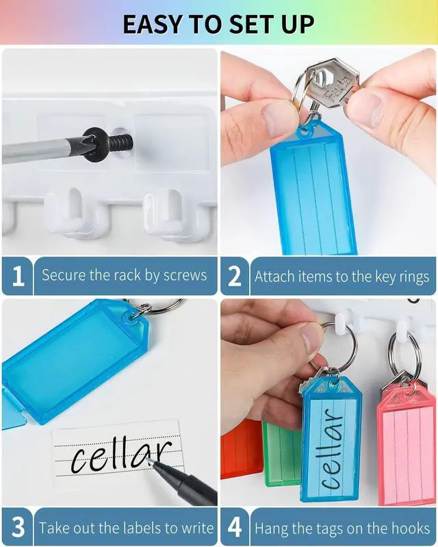 Alt view image 5 of 7 - Uniclife Key Tag Rack, Hook Style Wall Mount Key Holder | Plastic Hook-Style Wall Rack Keeps Labeled Keys Organized with Transparent Tough Key Tag Identifiers in 8 Assorted Colors.