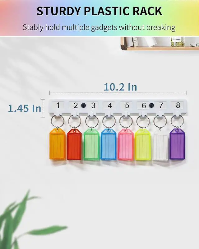 Alt view image 2 of 7 - Uniclife Key Tag Rack, Hook Style Wall Mount Key Holder | Plastic Hook-Style Wall Rack Keeps Labeled Keys Organized with Transparent Tough Key Tag Identifiers in 8 Assorted Colors.