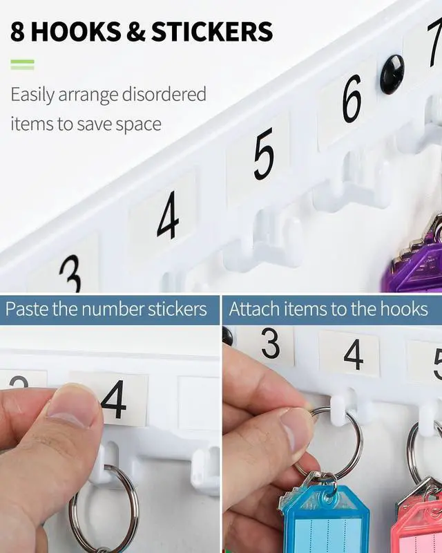 Alt view image 4 of 7 - Uniclife Key Tag Rack, Hook Style Wall Mount Key Holder | Plastic Hook-Style Wall Rack Keeps Labeled Keys Organized with Transparent Tough Key Tag Identifiers in 8 Assorted Colors.