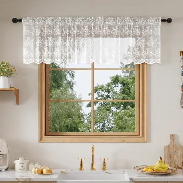 Main image of Rinwoc White Lace Semi-Sheer Valance Cafe Curtains Vintage Floral Lace Tiers for Bedroom, Privacy Light Filtering Rod Pocket Window Valances, Elegant Scalloped Valances 1 Panel, 52W x 18L Inch