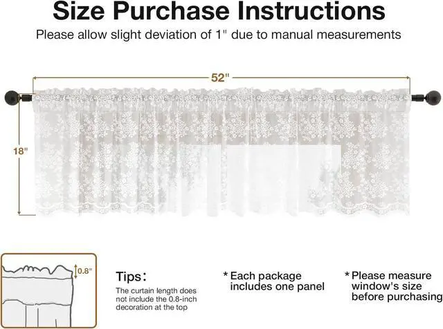 Alt view image 2 of 7 - Rinwoc White Lace Semi-Sheer Valance Cafe Curtains Vintage Floral Lace Tiers for Bedroom, Privacy Light Filtering Rod Pocket Window Valances, Elegant Scalloped Valances 1 Panel, 52W x 18L Inch