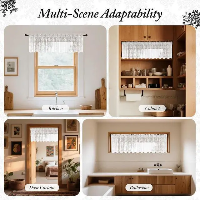 Alt view image 4 of 7 - Rinwoc White Lace Semi-Sheer Valance Cafe Curtains Vintage Floral Lace Tiers for Bedroom, Privacy Light Filtering Rod Pocket Window Valances, Elegant Scalloped Valances 1 Panel, 52W x 18L Inch