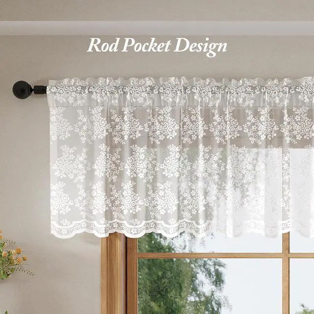 Alt view image 5 of 7 - Rinwoc White Lace Semi-Sheer Valance Cafe Curtains Vintage Floral Lace Tiers for Bedroom, Privacy Light Filtering Rod Pocket Window Valances, Elegant Scalloped Valances 1 Panel, 52W x 18L Inch