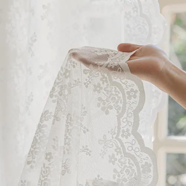 Alt view image 6 of 7 - Rinwoc White Lace Semi-Sheer Valance Cafe Curtains Vintage Floral Lace Tiers for Bedroom, Privacy Light Filtering Rod Pocket Window Valances, Elegant Scalloped Valances 1 Panel, 52W x 18L Inch