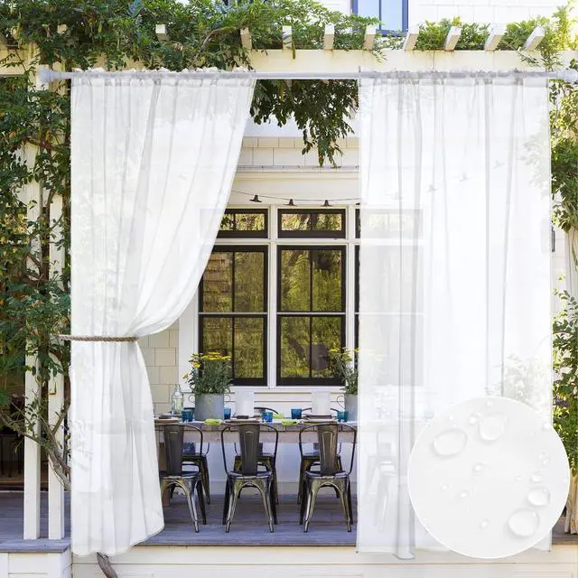 Main image of MIULEE White Waterproof Outdoor Sheer Curtains for Patio 54W x 84L | Voile sheer fabric, 2 panels, waterproof, privacy protection, rod pocket hanging, suitable for porch, pergola, cabana, gazebo