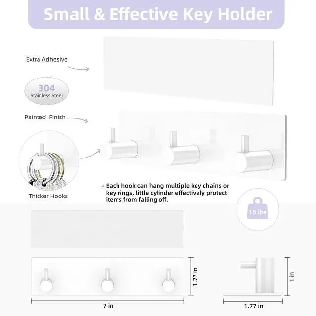 Alt view image 3 of 7 - VIS'V Key Holder Wall Mount, Small Adhesive Key Hanger with 3 Hooks, White | Metal Material, No Drilling, Extra Adhesive Strip, Suitable for Entryway, Hallway, Doorway, Kitchen, Garage, Camper