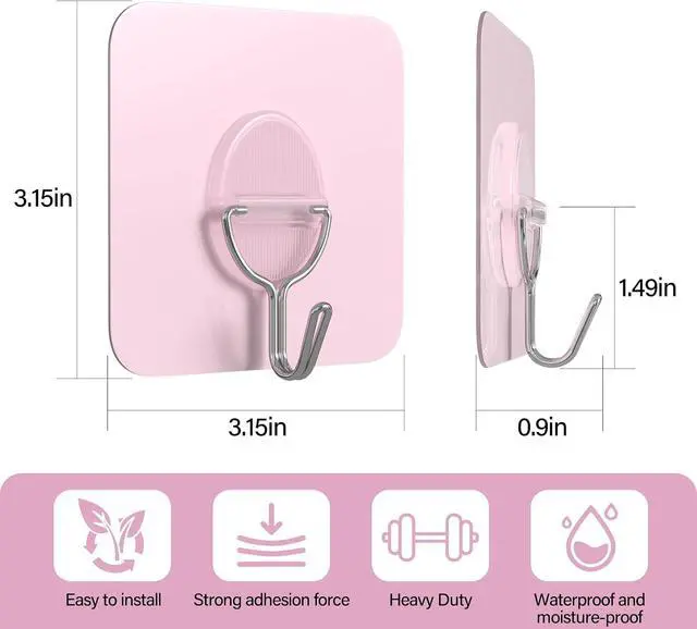 Alt view image 2 of 7 - Light Pink No-Drill Strong Adhesive Hooks, 8-Pack | Holds 11 lbs, waterproof, no wall damage, ideal for hats, coats, bathroom, kitchen, home.