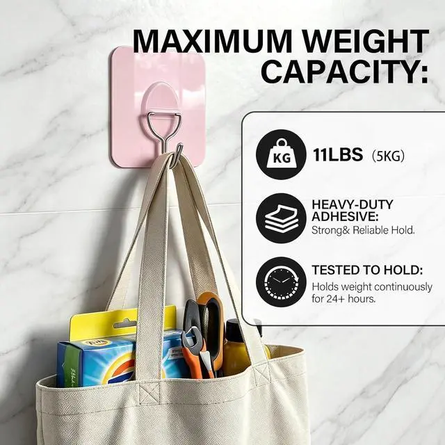 Alt view image 4 of 7 - Light Pink No-Drill Strong Adhesive Hooks, 8-Pack | Holds 11 lbs, waterproof, no wall damage, ideal for hats, coats, bathroom, kitchen, home.