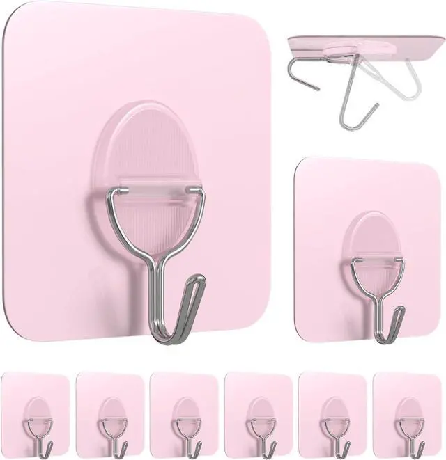 Main image of Light Pink No-Drill Strong Adhesive Hooks, 8-Pack | Holds 11 lbs, waterproof, no wall damage, ideal for hats, coats, bathroom, kitchen, home.