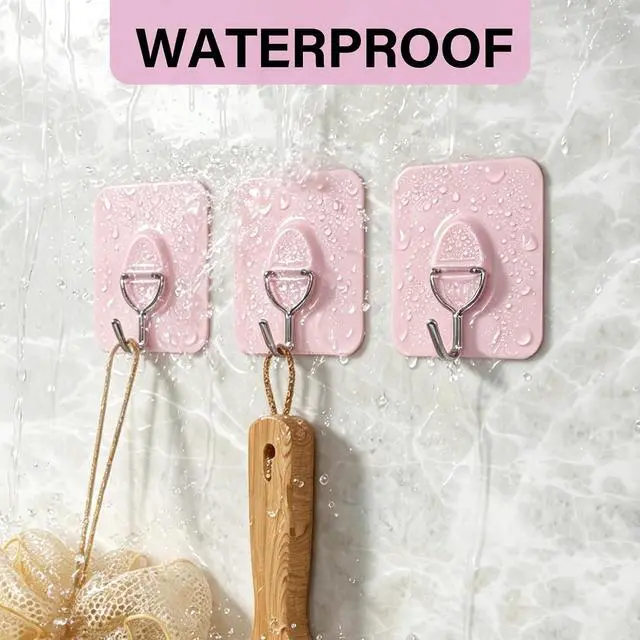 Alt view image 3 of 7 - Light Pink No-Drill Strong Adhesive Hooks, 8-Pack | Holds 11 lbs, waterproof, no wall damage, ideal for hats, coats, bathroom, kitchen, home.