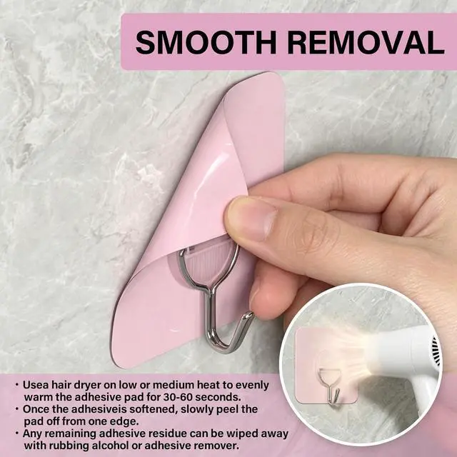 Alt view image 5 of 7 - Light Pink No-Drill Strong Adhesive Hooks, 8-Pack | Holds 11 lbs, waterproof, no wall damage, ideal for hats, coats, bathroom, kitchen, home.