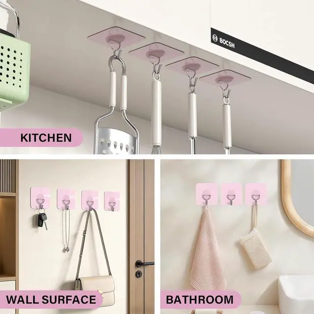 Alt view image 7 of 7 - Light Pink No-Drill Strong Adhesive Hooks, 8-Pack | Holds 11 lbs, waterproof, no wall damage, ideal for hats, coats, bathroom, kitchen, home.