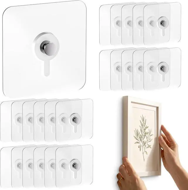 Main image of 22 Pcs Adhesive Picture Hooks, 25 Ibs Load Heavy Duty Self Adhesive Wall Hooks for Hanging, Waterproof Picture Hangers Without Nails for Bathroom Kitchen, Transparent Sticky Hooks for Frames