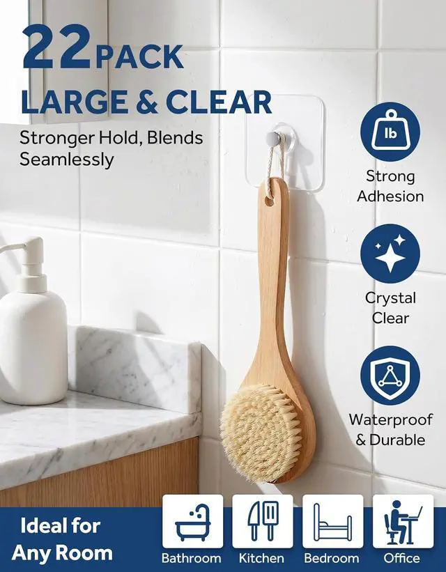 Alt view image 2 of 7 - 22 Pcs Adhesive Picture Hooks, 25 Ibs Load Heavy Duty Self Adhesive Wall Hooks for Hanging, Waterproof Picture Hangers Without Nails for Bathroom Kitchen, Transparent Sticky Hooks for Frames