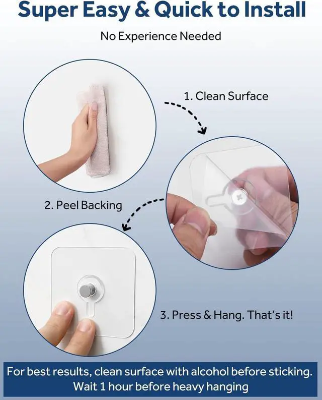 Alt view image 6 of 7 - 22 Pcs Adhesive Picture Hooks, 25 Ibs Load Heavy Duty Self Adhesive Wall Hooks for Hanging, Waterproof Picture Hangers Without Nails for Bathroom Kitchen, Transparent Sticky Hooks for Frames