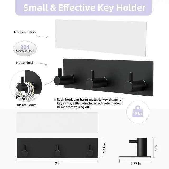 Alt view image 3 of 7 - VIS'V Key Holder Wall Mount, Small Adhesive Key Hanger with 3 Hooks, Black | Metal Material, No Drilling, Extra Adhesive Strip, Suitable for Entryway, Hallway, Doorway, Kitchen, Garage, Camper
