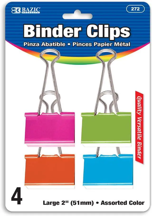 Main image of BAZIC Assorted Color Binder Clip 2 Inch (51mm) (272) | assorted color binder clips, clamp paper stacks tight and hold without staples or folds
