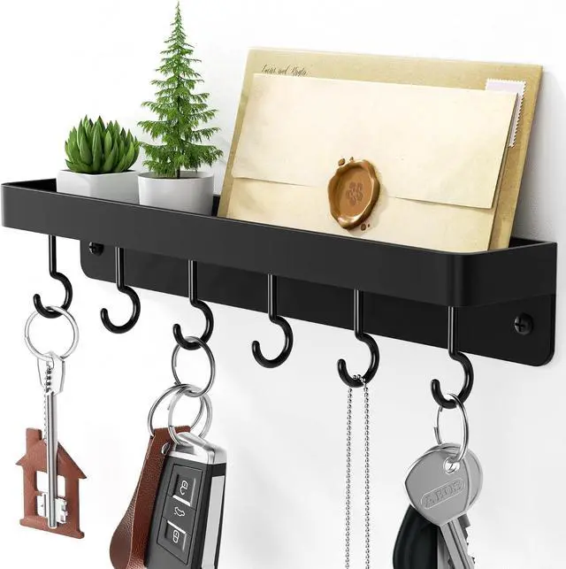 Main image of niffgaff Black Key Holder Wall Mount, Stainless Steel Self Adhesive Hooks Rack with Shelf, No Drill Key Hanger for Door and Wall