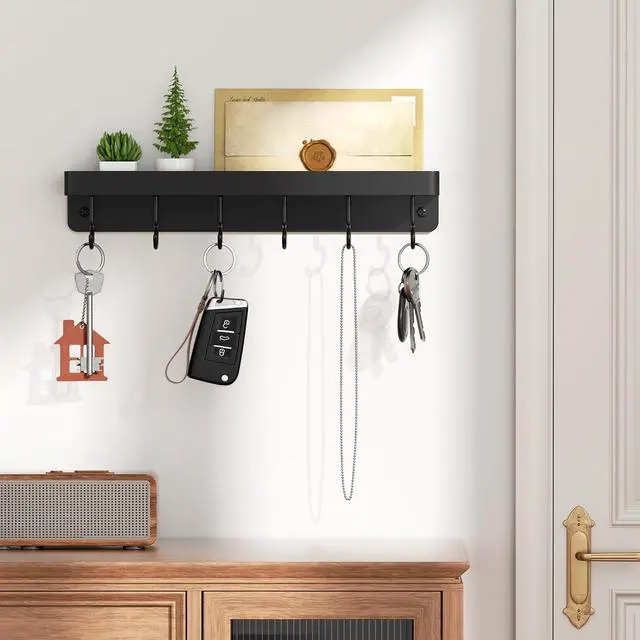Alt view image 2 of 7 - niffgaff Black Key Holder Wall Mount, Stainless Steel Self Adhesive Hooks Rack with Shelf, No Drill Key Hanger for Door and Wall