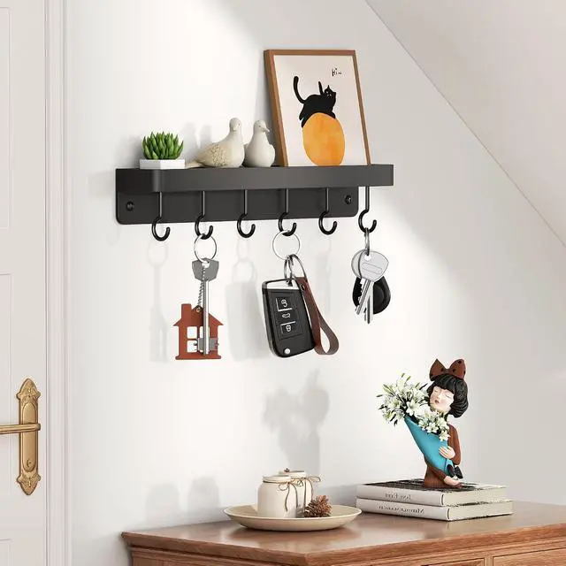 Alt view image 3 of 7 - niffgaff Black Key Holder Wall Mount, Stainless Steel Self Adhesive Hooks Rack with Shelf, No Drill Key Hanger for Door and Wall