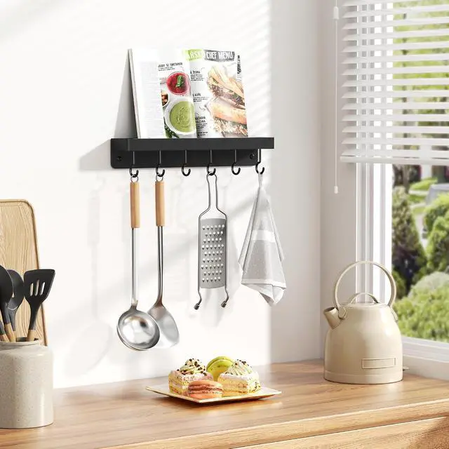 Alt view image 4 of 7 - niffgaff Black Key Holder Wall Mount, Stainless Steel Self Adhesive Hooks Rack with Shelf, No Drill Key Hanger for Door and Wall