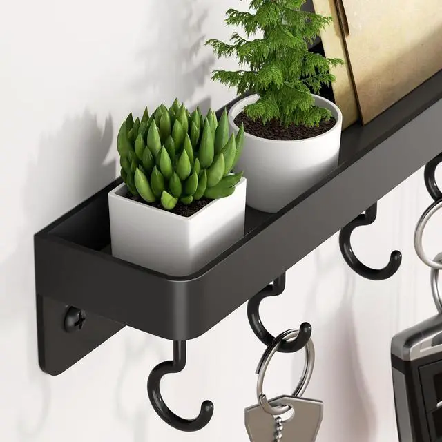 Alt view image 5 of 7 - niffgaff Black Key Holder Wall Mount, Stainless Steel Self Adhesive Hooks Rack with Shelf, No Drill Key Hanger for Door and Wall