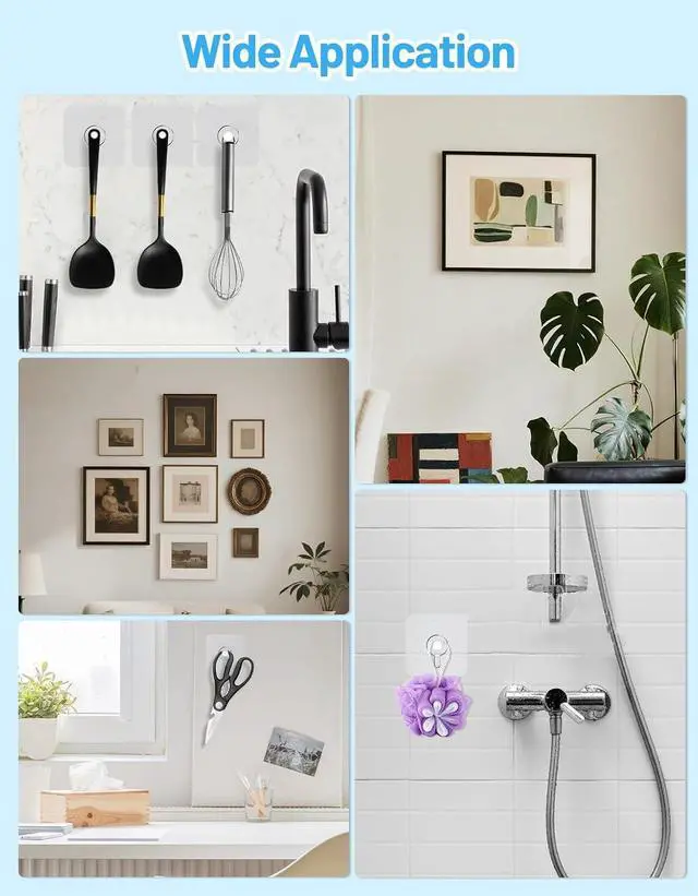 Alt view image 4 of 7 - 30 Pcs Adhesive Picture Hooks, 20 Ibs Load Heavy Duty Self Adhesive Wall Hooks for Hanging, Waterproof Picture Hangers Without Nails for Bathroom Kitchen, Transparent Sticky Hooks for Frames