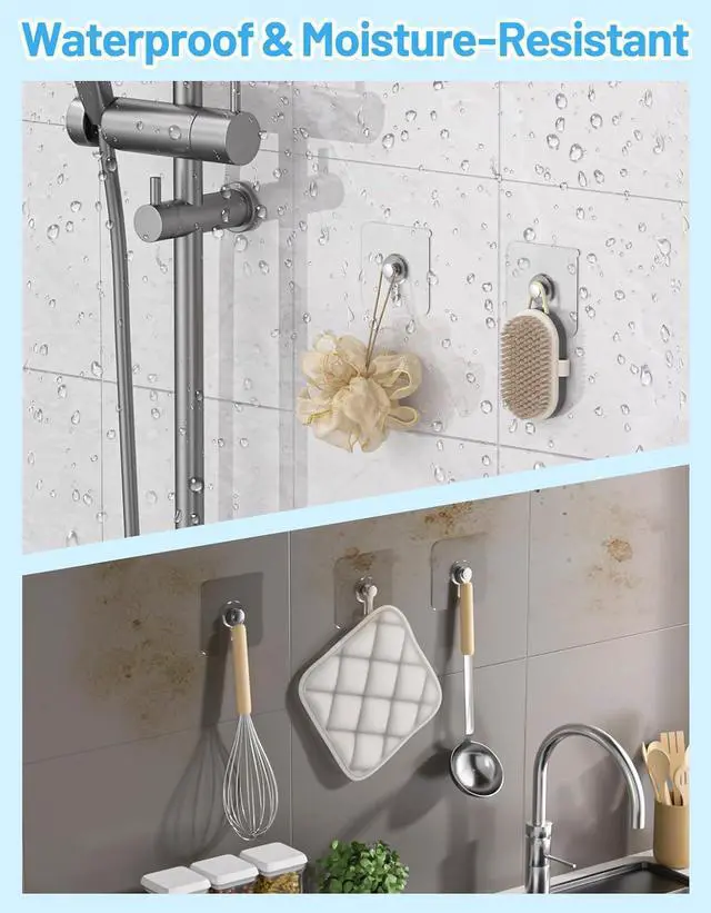 Alt view image 7 of 7 - 30 Pcs Adhesive Picture Hooks, 20 Ibs Load Heavy Duty Self Adhesive Wall Hooks for Hanging, Waterproof Picture Hangers Without Nails for Bathroom Kitchen, Transparent Sticky Hooks for Frames