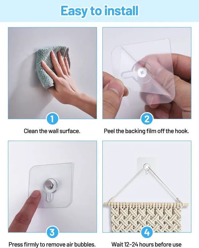 Alt view image 6 of 7 - 30 Pcs Adhesive Picture Hooks, 20 Ibs Load Heavy Duty Self Adhesive Wall Hooks for Hanging, Waterproof Picture Hangers Without Nails for Bathroom Kitchen, Transparent Sticky Hooks for Frames