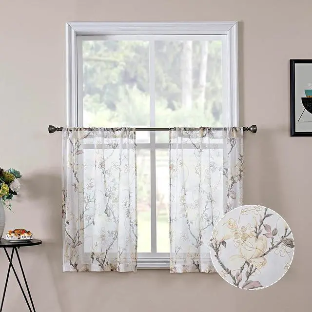 Main image of Tollpiz Floral Short White Sheer Tier Curtains Flower Print Vine Embroidery Kitchen Half Curtain Rod Pocket Café Voile Window Curtains for Bathroom, 30 x 24 inches Long, Set of 2 Panels