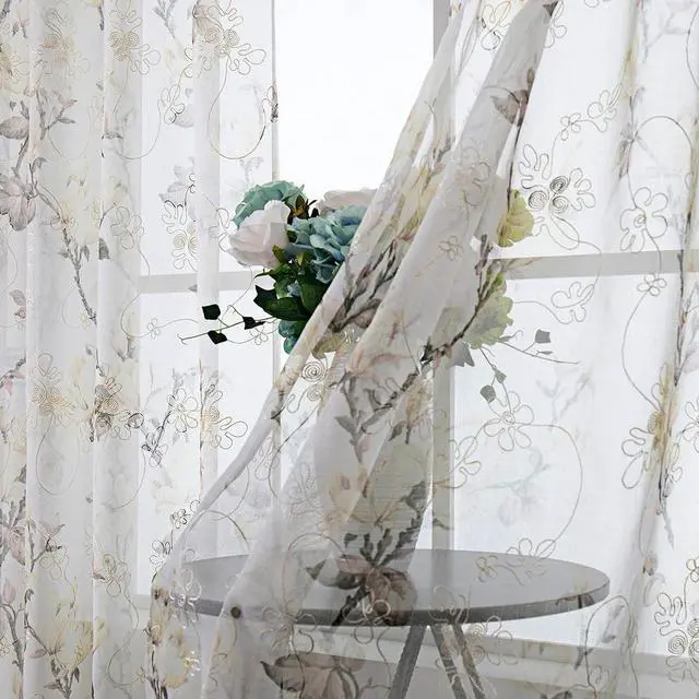 Alt view image 2 of 7 - Tollpiz Floral Short White Sheer Tier Curtains Flower Print Vine Embroidery Kitchen Half Curtain Rod Pocket Café Voile Window Curtains for Bathroom, 30 x 24 inches Long, Set of 2 Panels