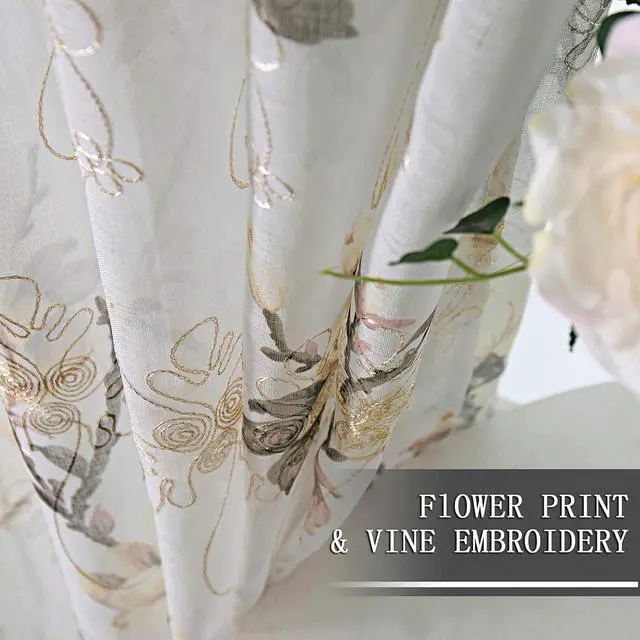 Alt view image 3 of 7 - Tollpiz Floral Short White Sheer Tier Curtains Flower Print Vine Embroidery Kitchen Half Curtain Rod Pocket Café Voile Window Curtains for Bathroom, 30 x 24 inches Long, Set of 2 Panels
