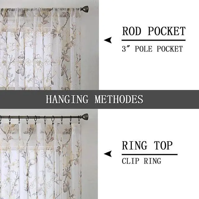 Alt view image 5 of 7 - Tollpiz Floral Short White Sheer Tier Curtains Flower Print Vine Embroidery Kitchen Half Curtain Rod Pocket Café Voile Window Curtains for Bathroom, 30 x 24 inches Long, Set of 2 Panels