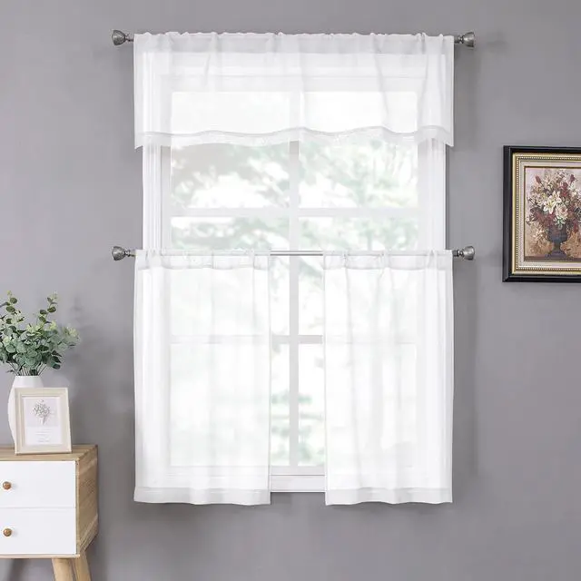 Alt view image 7 of 7 - Tollpiz White Sheer Valance Linen Textured Bedroom Valance Curtains Sheer Light Filtering Rod Pocket Voile Curtain Valances for Living Room, 54 x 16 inches Long, Set of 1 Panel