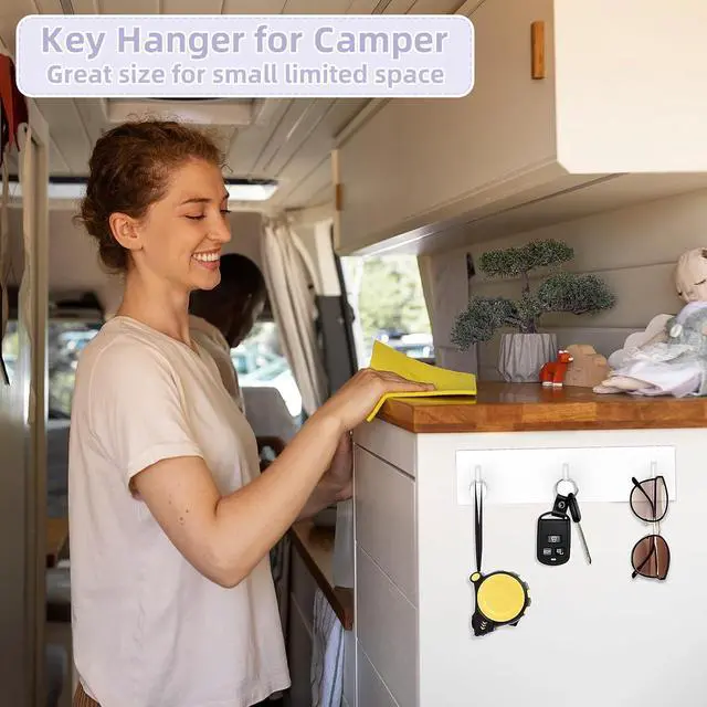 Alt view image 5 of 7 - VIS'V Key Holder Wall Mount, Small Adhesive Key Hanger with 3 Hooks, White | Metal Material, No Drilling, Extra Adhesive Strip, Suitable for Entryway, Hallway, Doorway, Kitchen, Garage, Camper