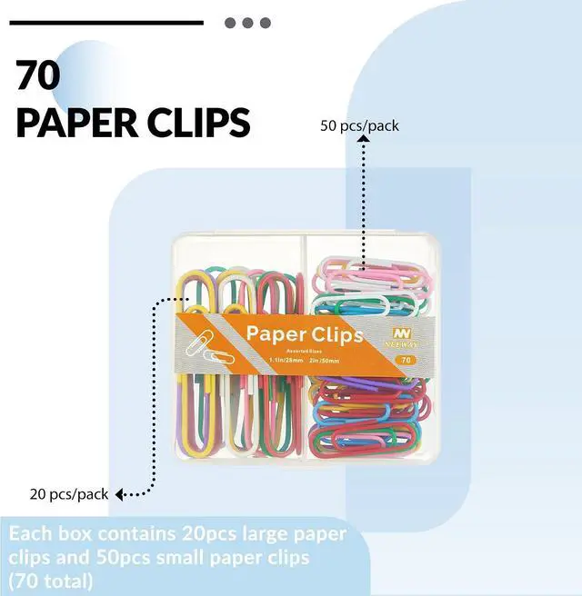 Alt view image 3 of 6 - NEEWAY Colorful Paper Clips Assorted Sizes, Small and Large Paper Clips, 70 Count (Multicolor)