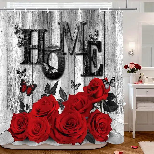 Main image of MEHOFOND Red Rose Shower Curtain Valentine's Day Shower Curtain for Bathroom Romantic Red Rose Black Plank Bathtub Home Decor Fabric Waterproof Washable Bath Curtain 72x72 Inch