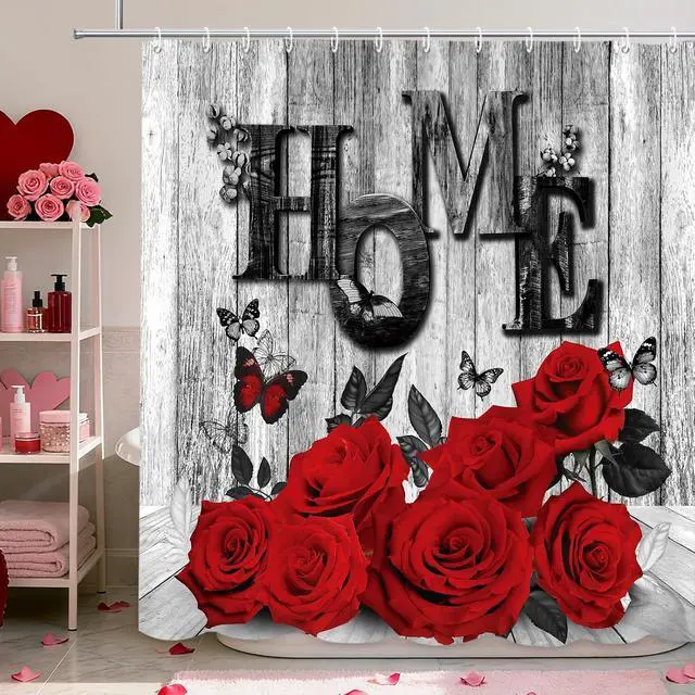 Alt view image 2 of 7 - MEHOFOND Red Rose Shower Curtain Valentine's Day Shower Curtain for Bathroom Romantic Red Rose Black Plank Bathtub Home Decor Fabric Waterproof Washable Bath Curtain 72x72 Inch