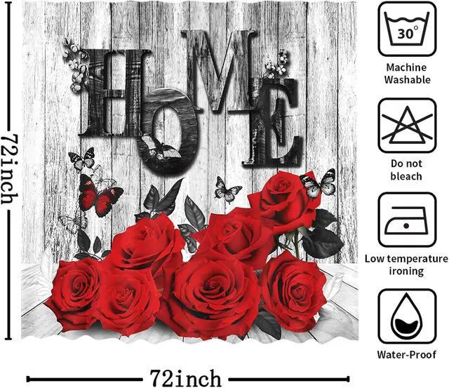 Alt view image 7 of 7 - MEHOFOND Red Rose Shower Curtain Valentine's Day Shower Curtain for Bathroom Romantic Red Rose Black Plank Bathtub Home Decor Fabric Waterproof Washable Bath Curtain 72x72 Inch